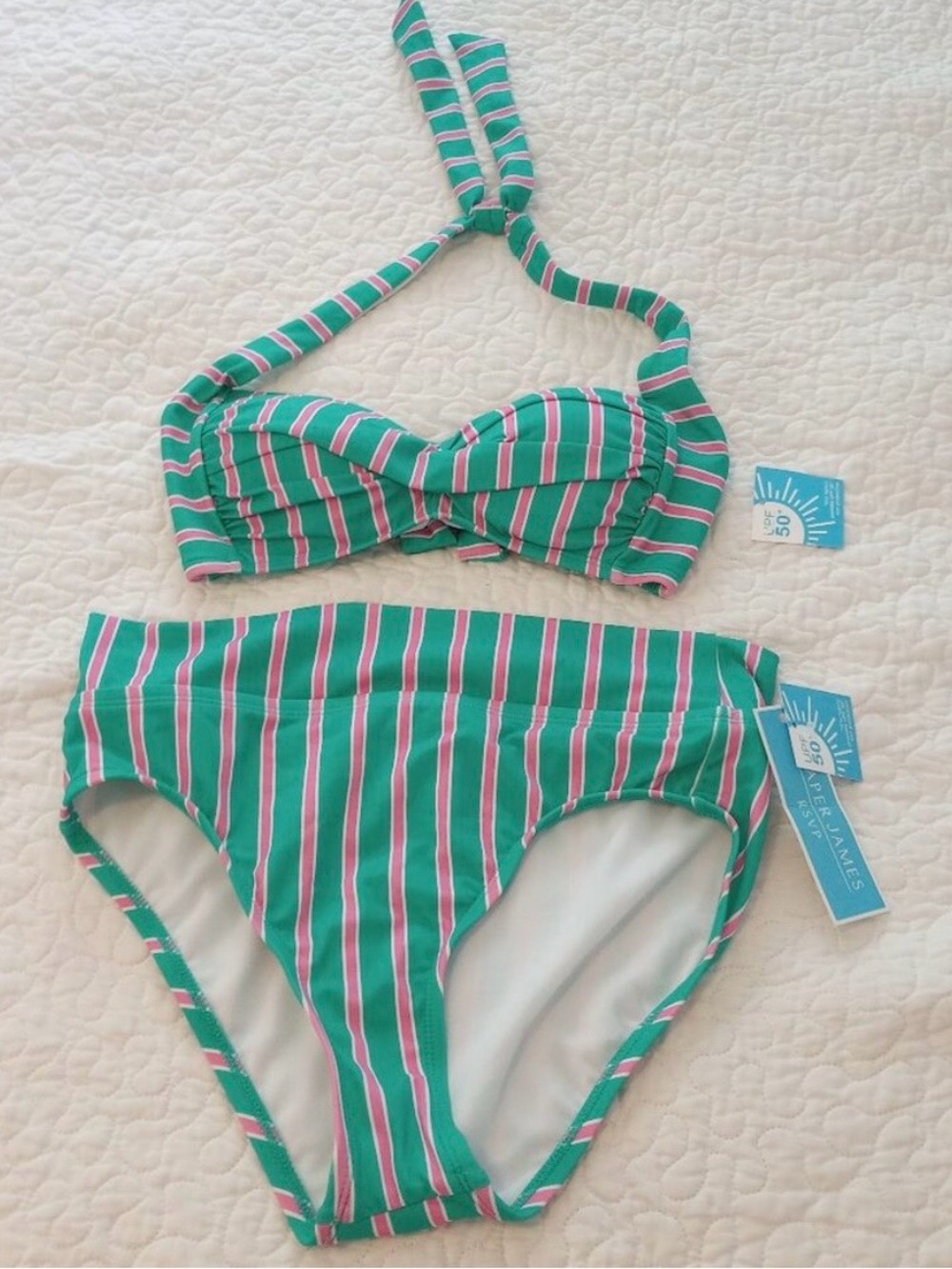 Draper James Green & Pink Striped Halter Bikini Set